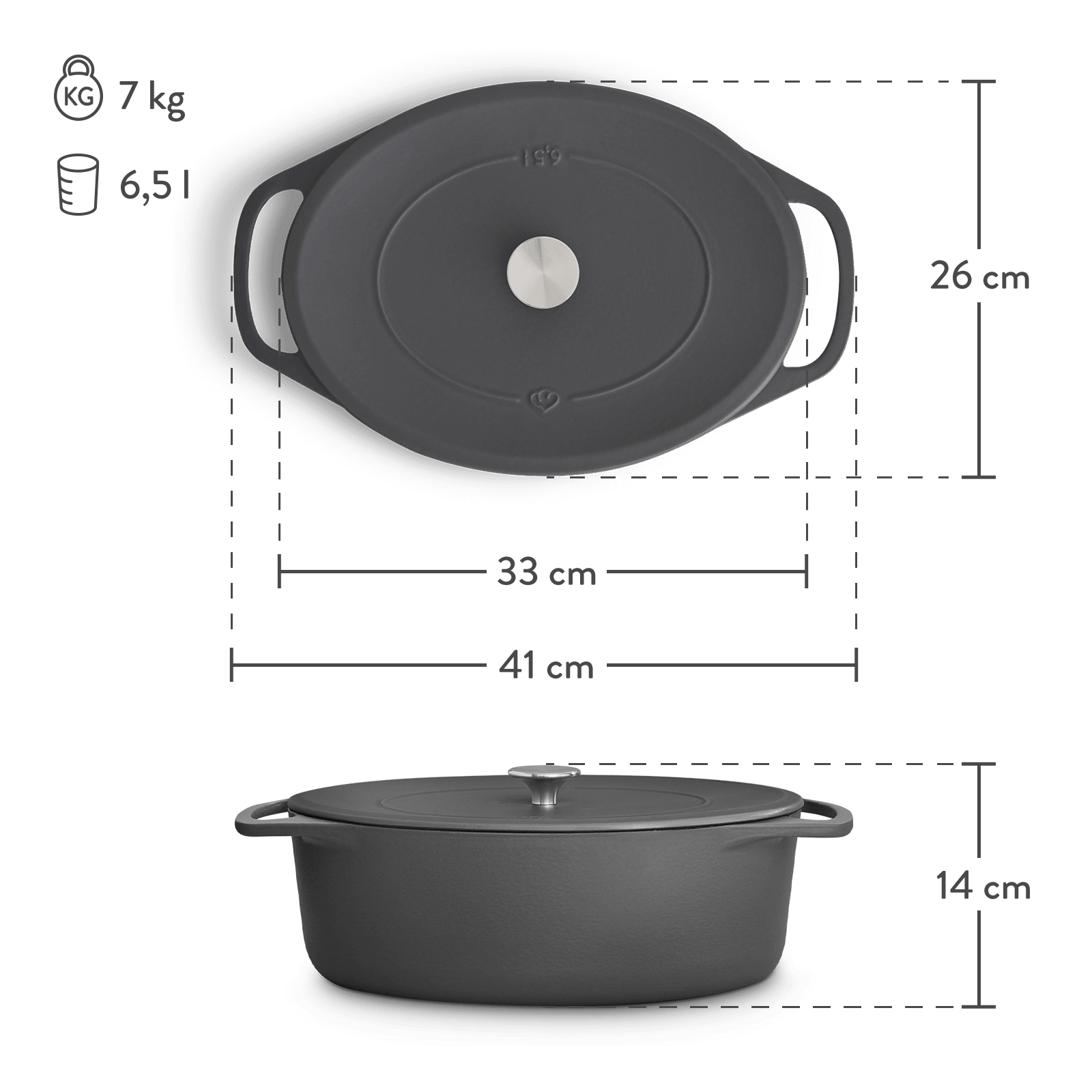 Cocotte Gusseisen oval 33 cm, für alle Herdarten inkl. Induktion - 6,5 Liter Springlane