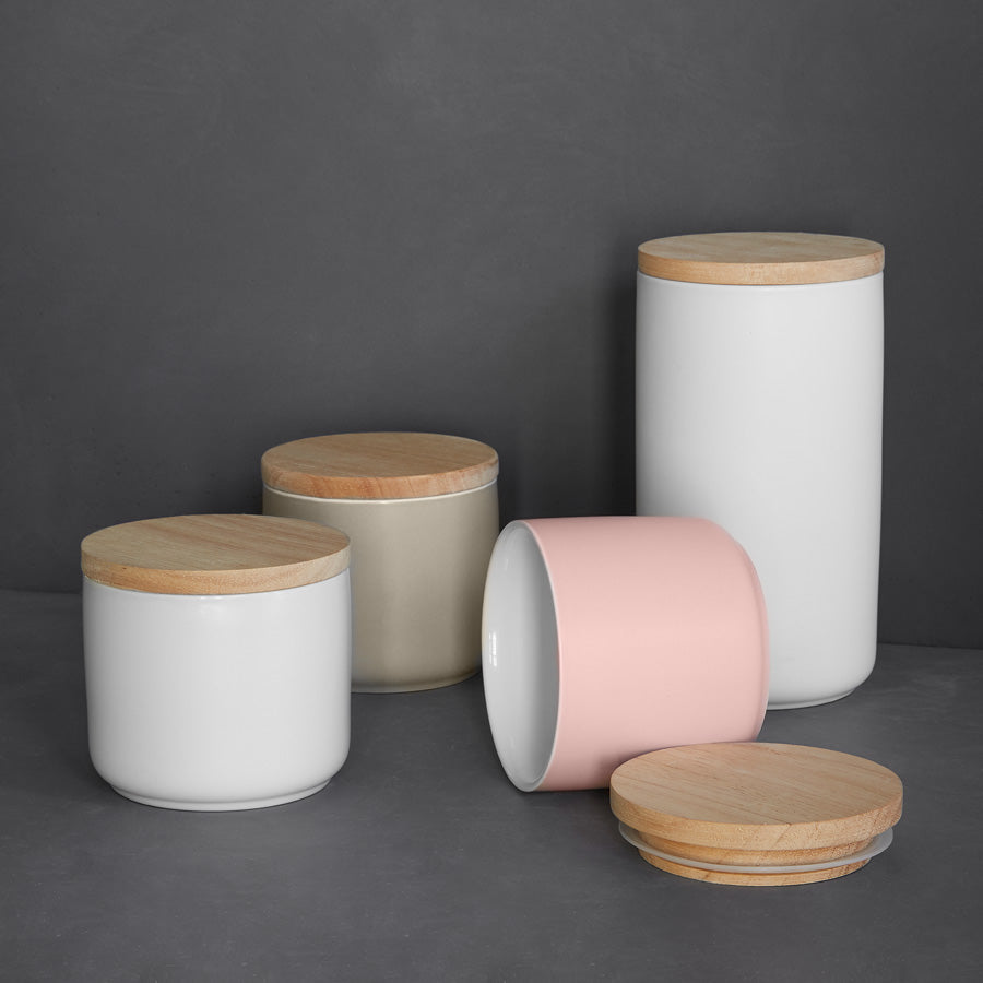 Keramik Vorratsdosen Sweet Scandi mit Holzdeckel - 10,1 x 18,3 cm - Rosa/Braun Springlane