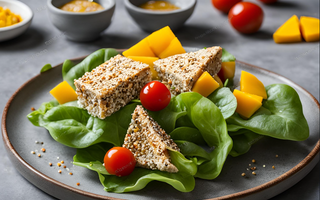 Knuspriger Sesam-Feta auf frischem Feldsalat mit Mango Springlane