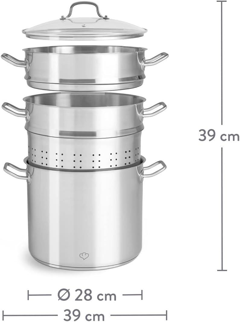 Edelstahl Kochtopf mit Glasdeckel 11 L, inkl. Siebeinsatz/Dampfgarer und Nudelsieb Springlane