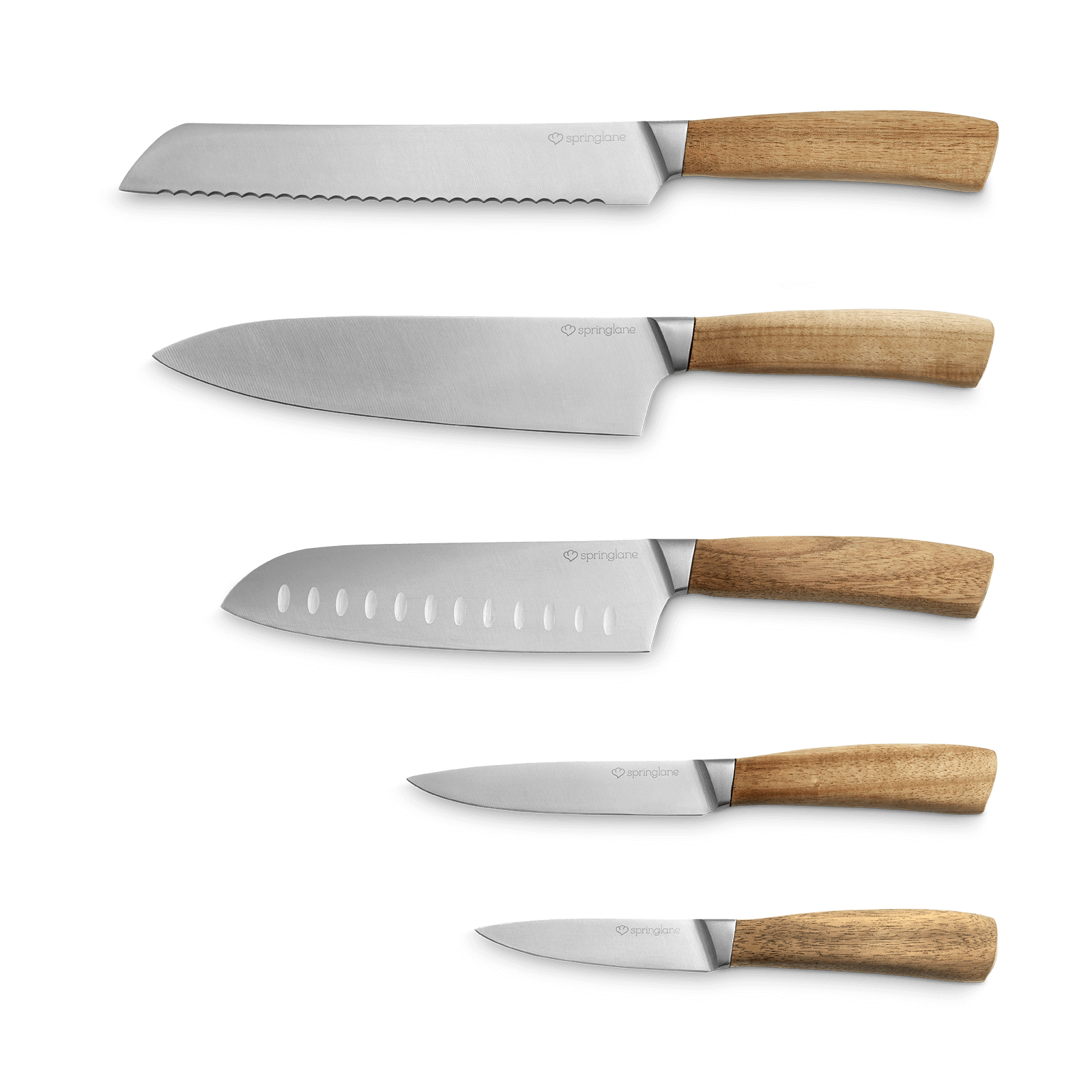 Akazienholz Messer-Set 5-tlg. inkl. Chefmesser, Santokumesser, Universalmesser, Schälmesser, Brotmesser Springlane